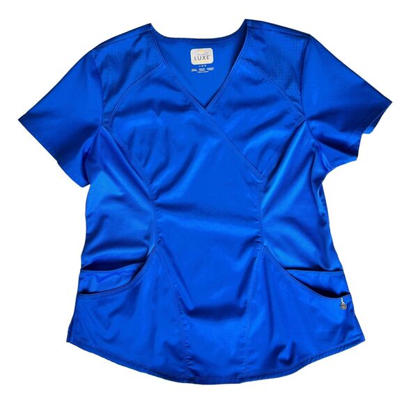 Cherokee LUXE Sports Mock Wrap Scrub Top Large Breathable Blue Medical Uniform - Picture 1 of 15